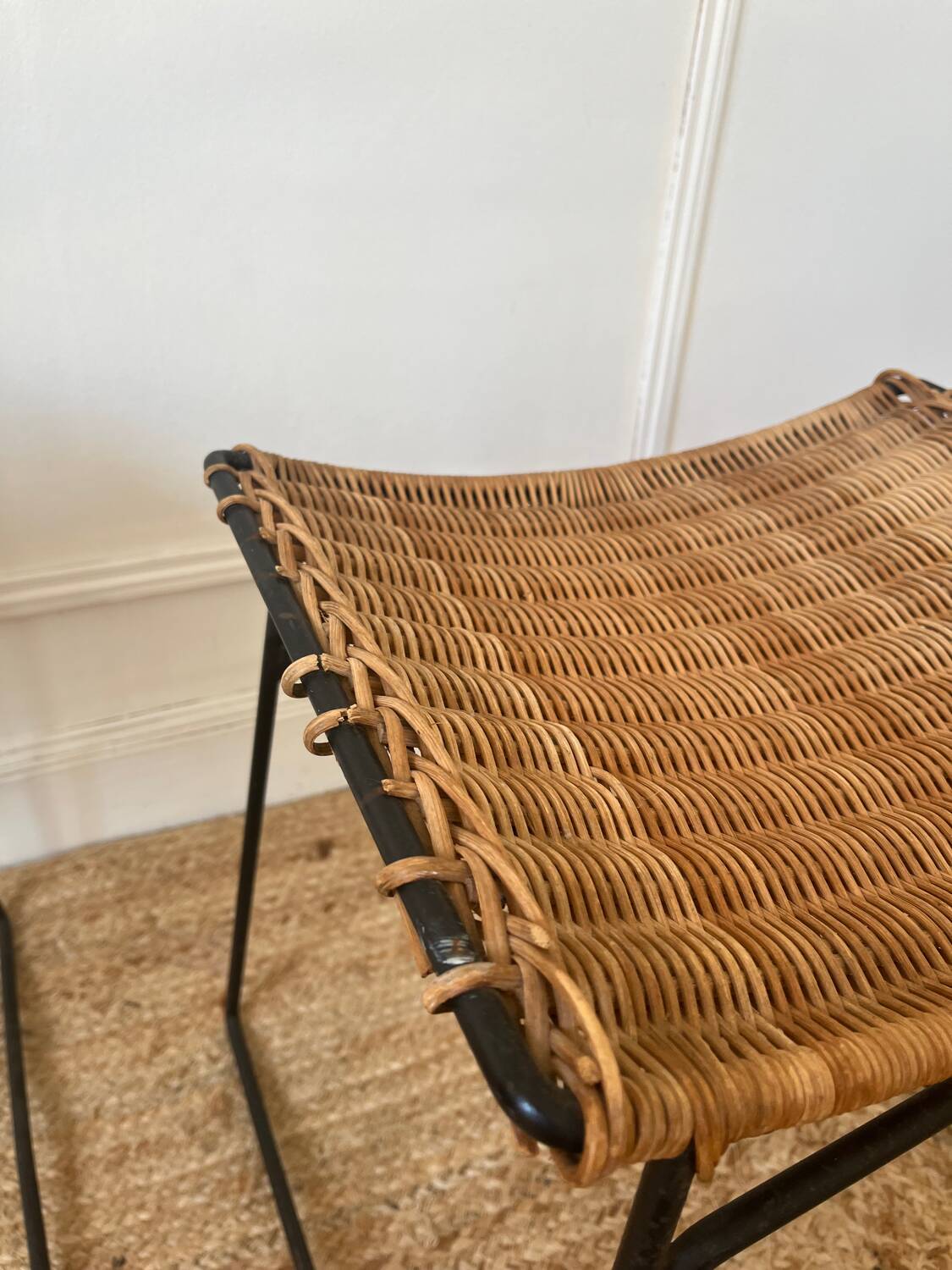 Pair of Raoul Guys stools for Airborne in wicker 1950