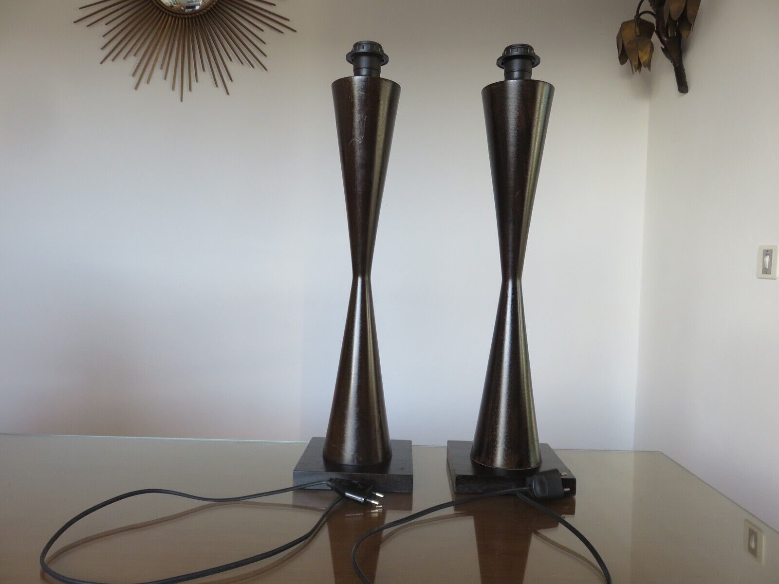 Pair of wooden diabolo lamps workshop lumen 80s