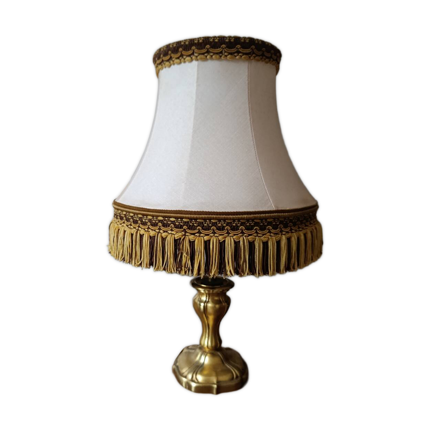 Chic retro lamp with a bronze pagoda fringe shade, 1950.