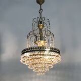 Chandelier, brass crown ceiling light, 5 floors, 3 lights, glass pendants. 60s