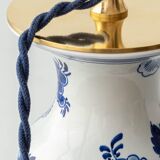 Pair of Chinese table lamps in Delft blue ceramic with new green silk shades.