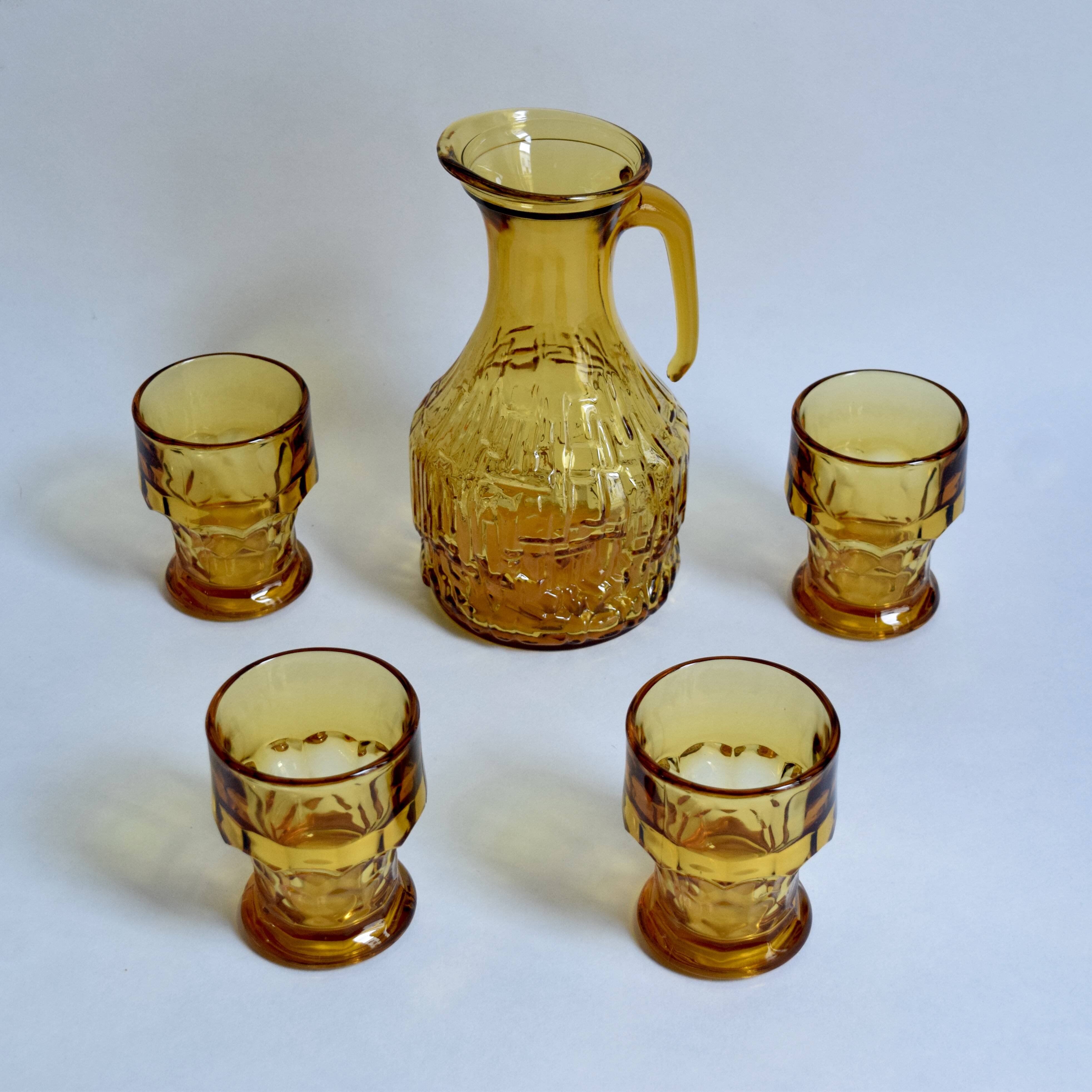 Vintage Amber Glass Orangeade Set - 1 Carafe + 4 Glasses - Made in Italy