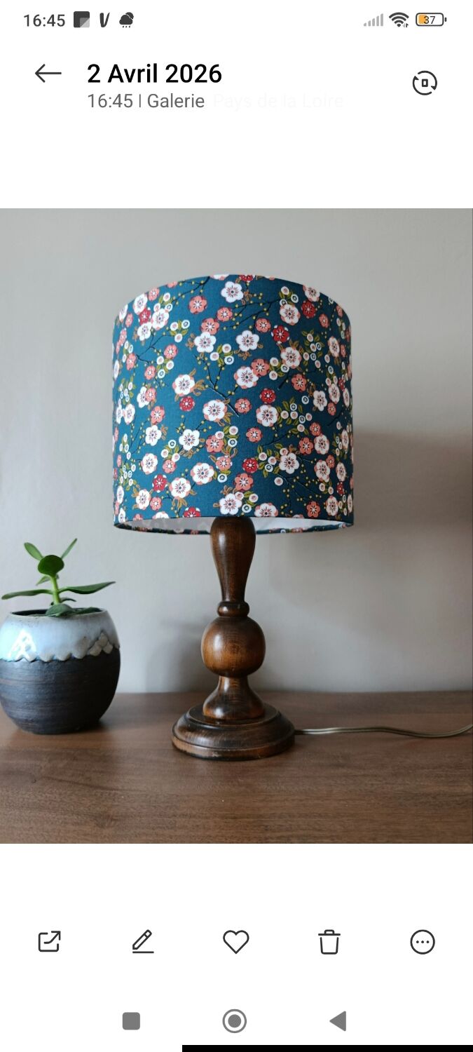 rustic chic wooden lamp, blue floral lampshade