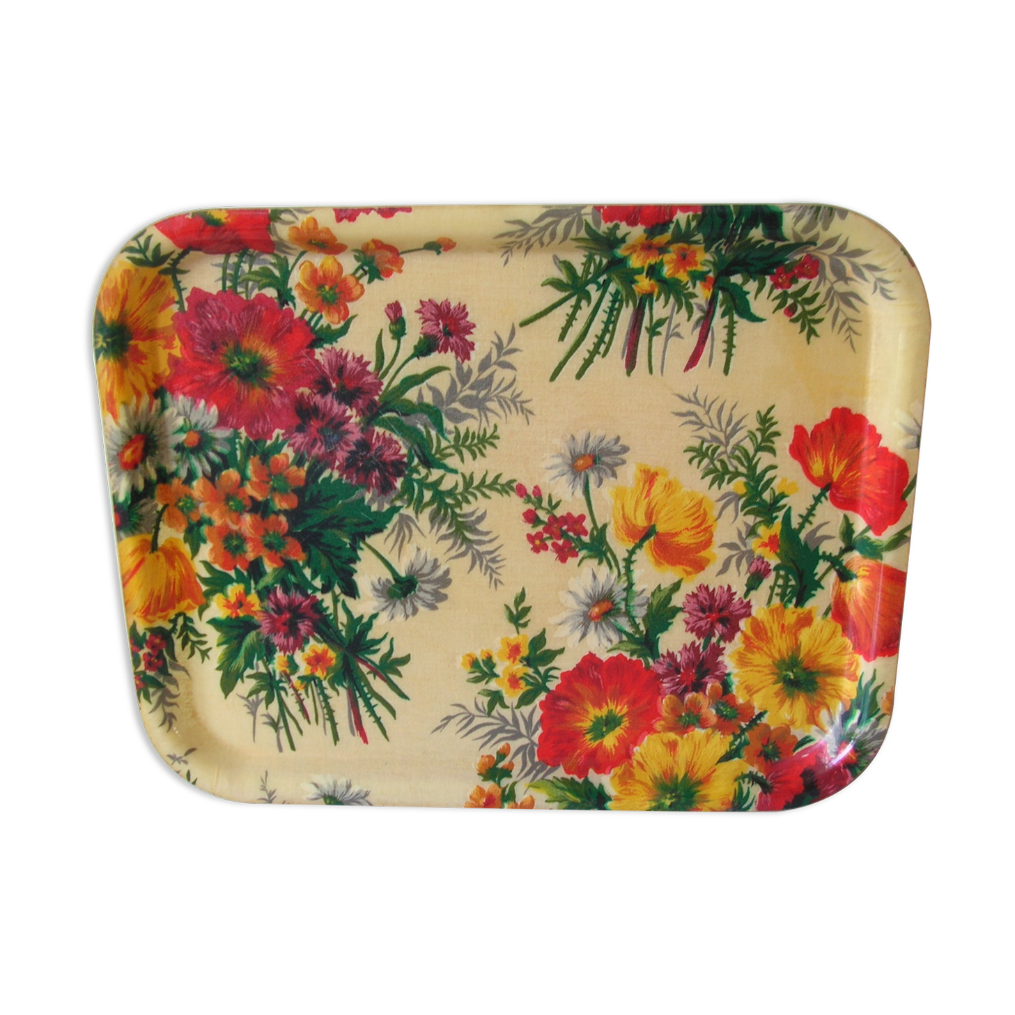 Old service tray 1950s/60s floral decoration in fiberglass