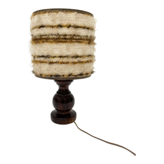 Wooden lamp with wool and plastic lampshade 70s