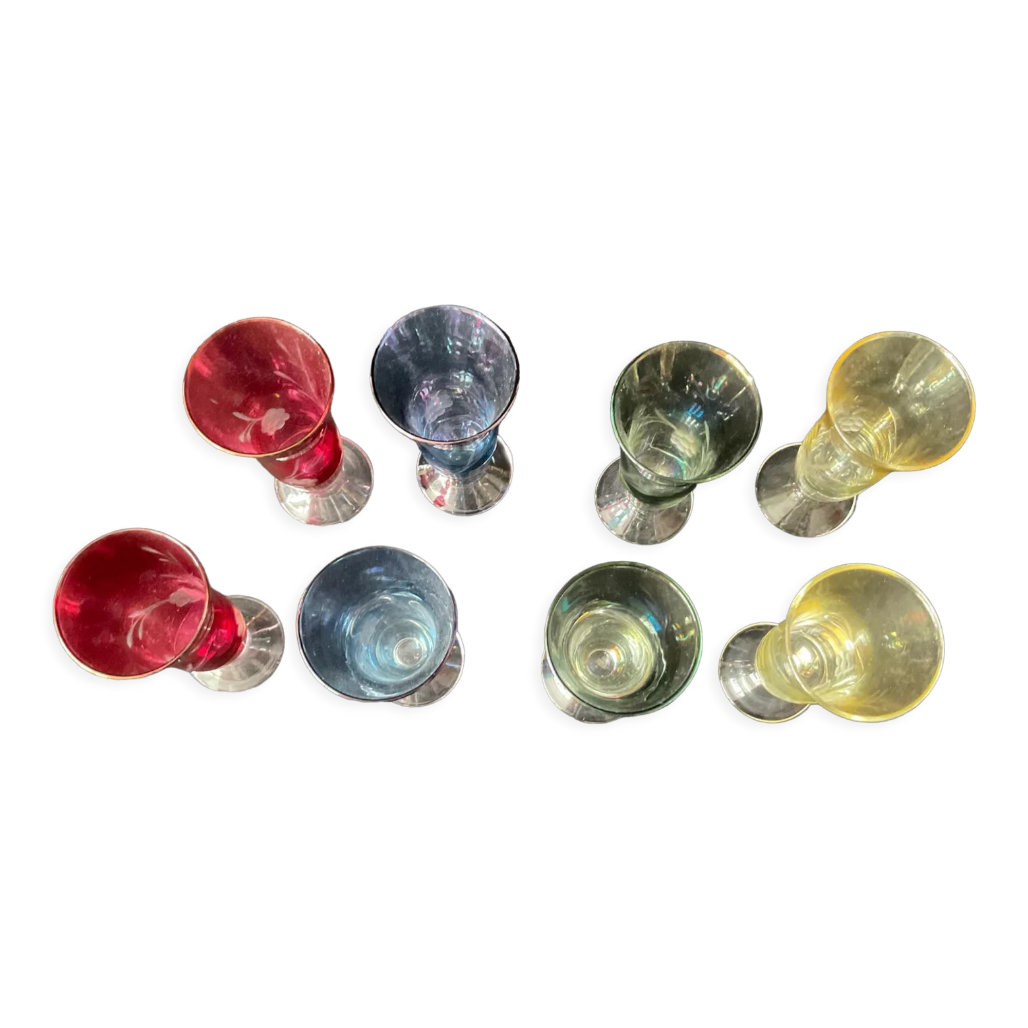 Antique coloured and engraved liquor glasses