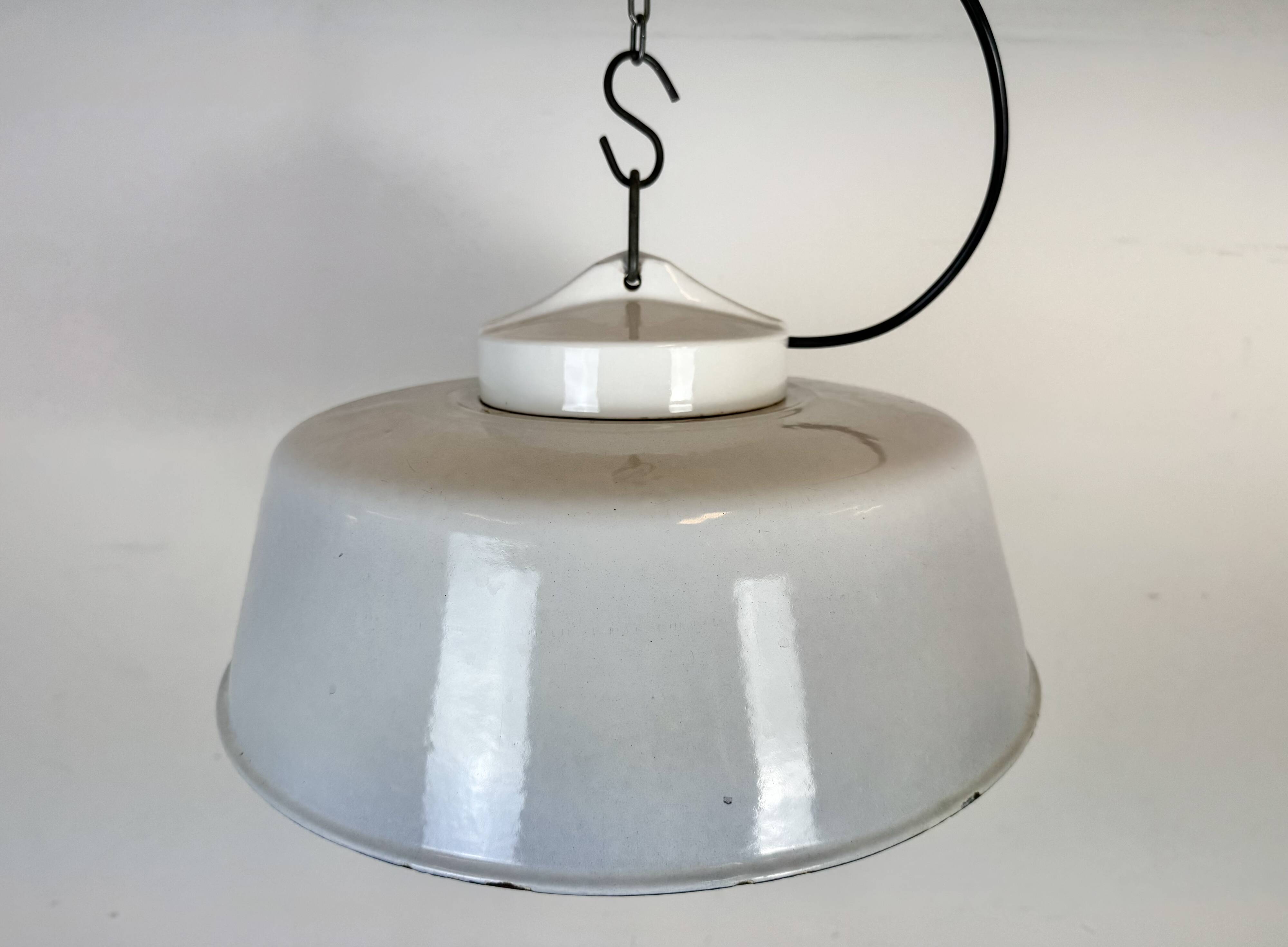 Industrial Grey Enamel Factory Pendant Lamp with Glass Cover, 1960s