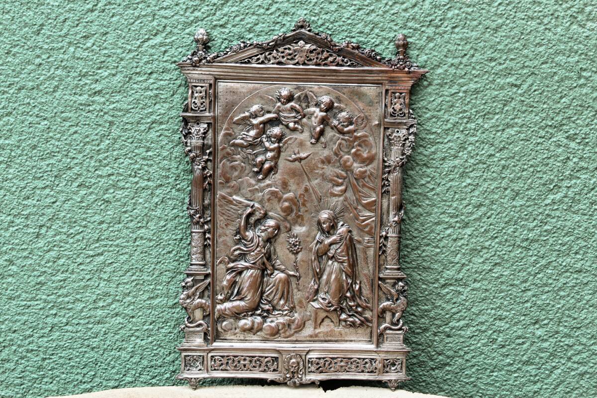 Copper plaque, Annunciation, signed Edouard Thiébaut