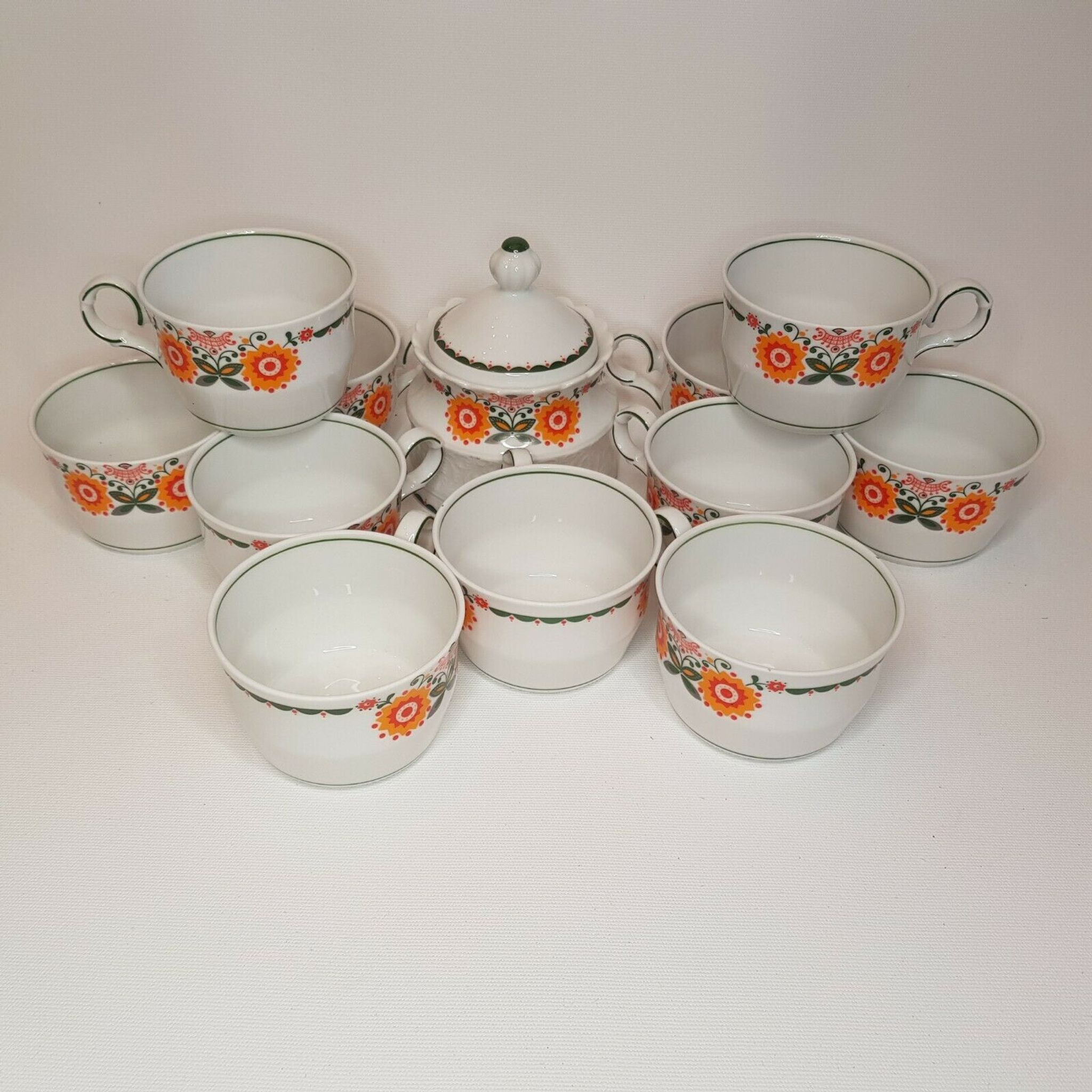 11 cups coffee and sugar pot décor lotus orange 70s