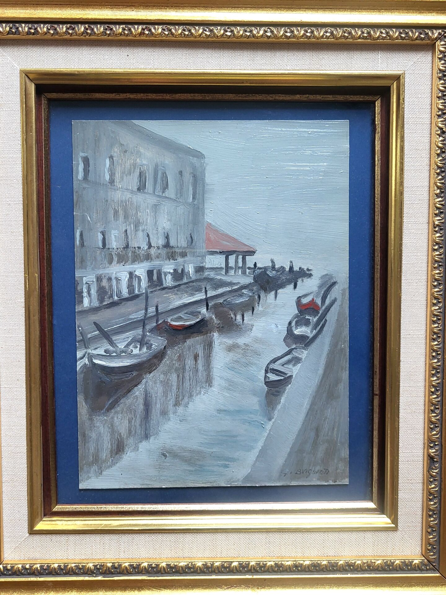Venice Painting – Oil on old cardboard signed G. Brighenti – Frame