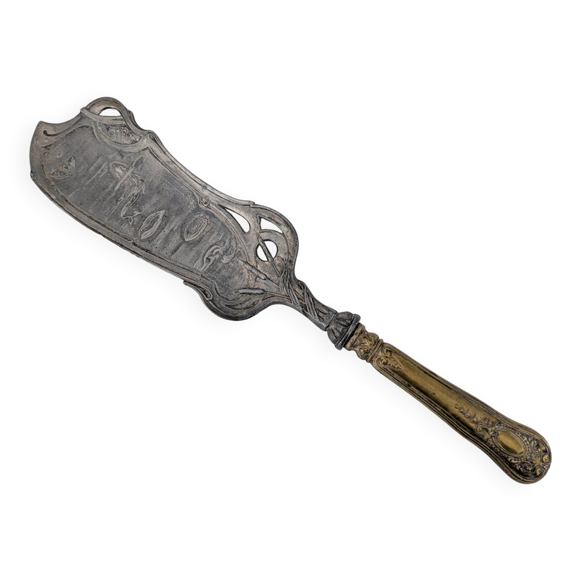 Large Art Nouveau serving shovel in white metal and gilded brass 30 cm