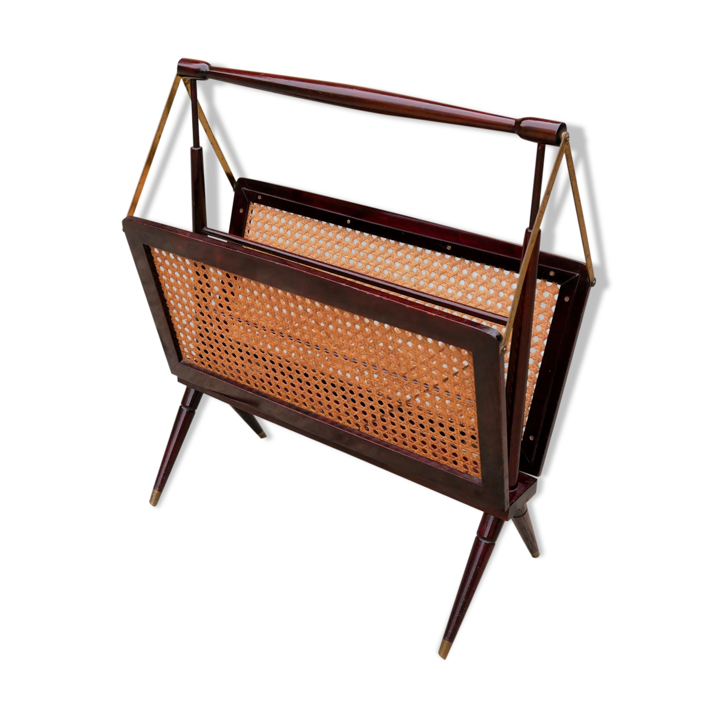 Folding magazine holder wood and caning by Cesare Lacca, made in Italy