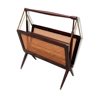 Folding magazine holder wood and caning by Cesare Lacca, made in Italy