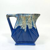 Large alpho fat lava art deco pitcher with blue ceramic handles 1930