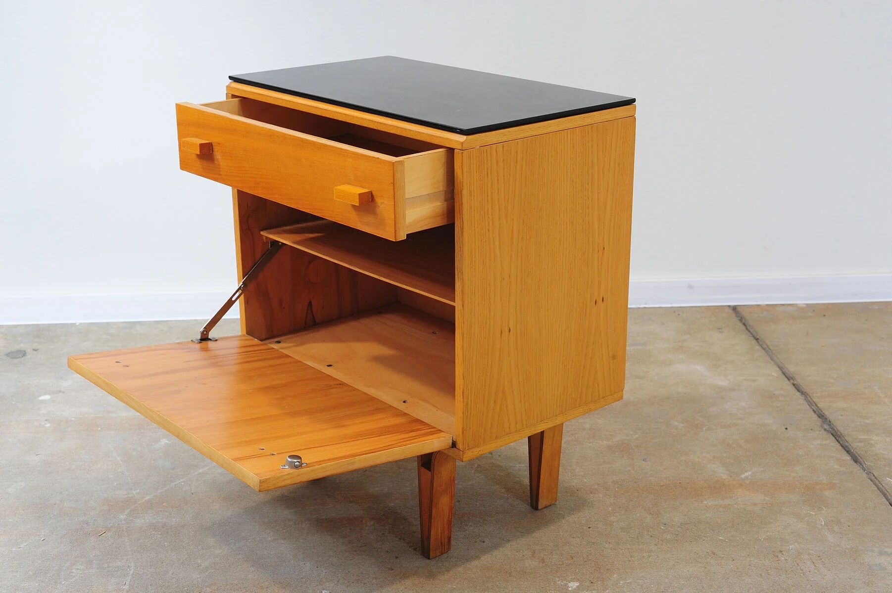 Mid-century bedside tables with ash veneer and black glass by František Mezulánik, Nový Domov, Czechoslovakia, 1970s.