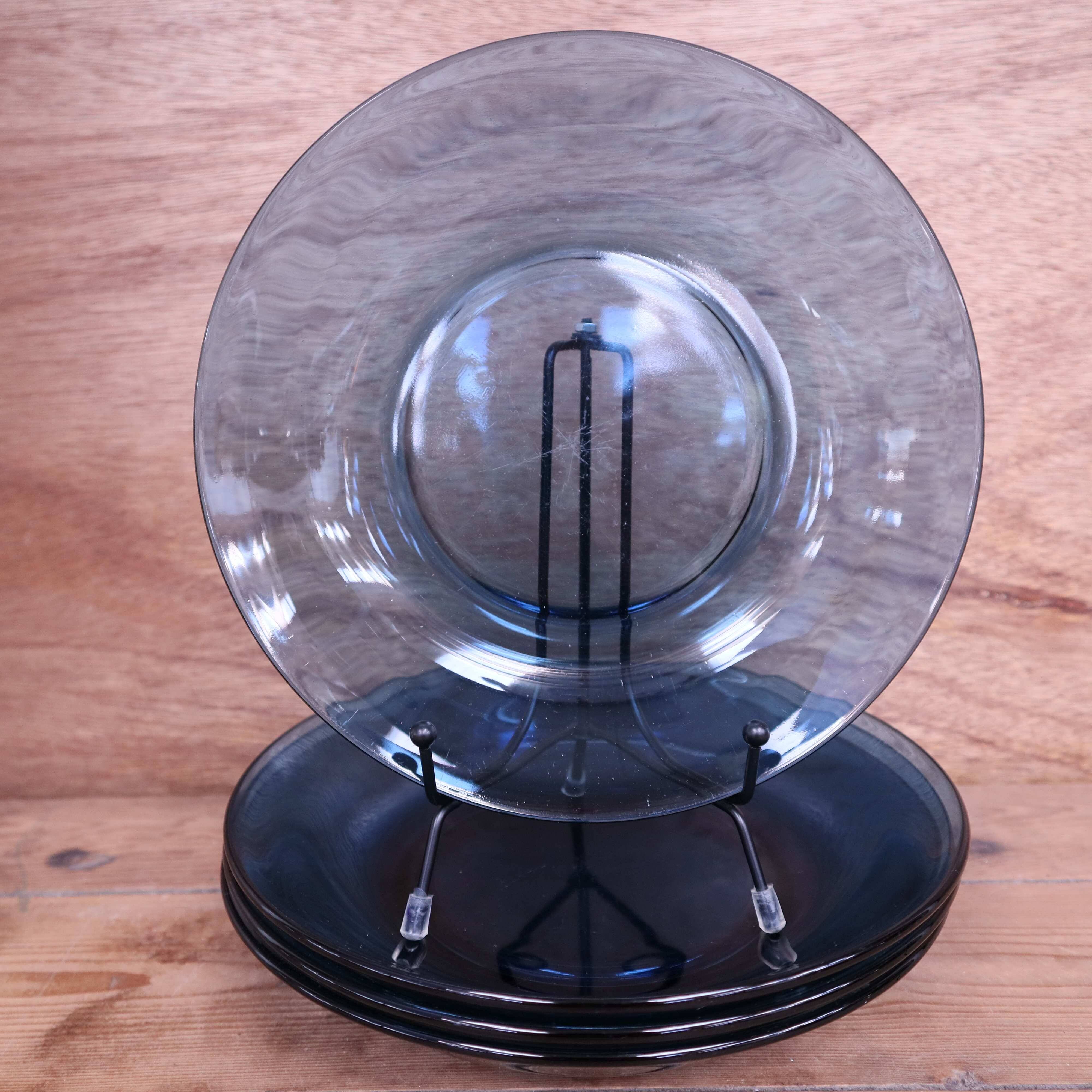 4 vintage blue tempered glass soup plates Vereco France