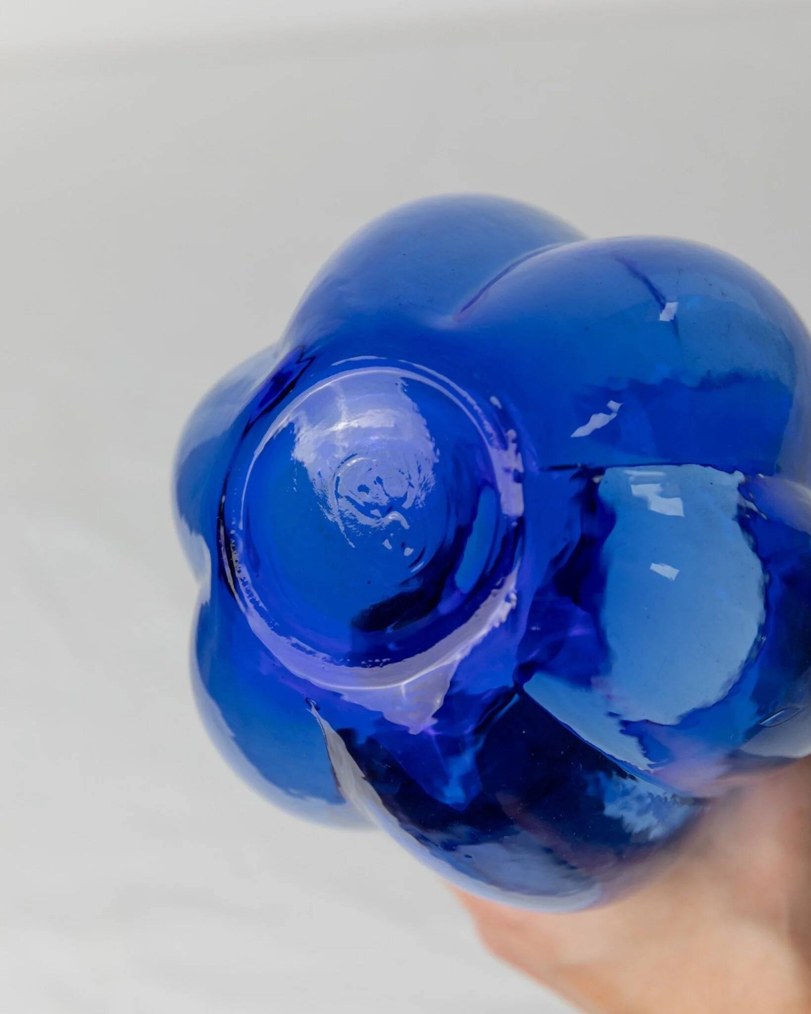 Cobalt Blue Hazel Atlas Glass Vase, 1930s Bulbous Form with Ruffled Lip and Embossed Underside
