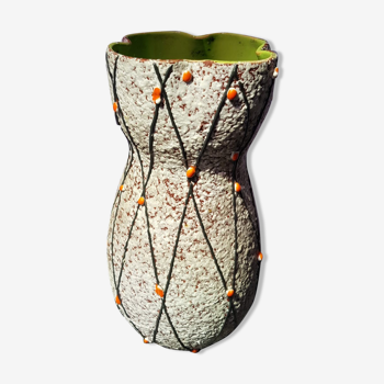 Ancient ceramic vase grey decor black, orange interior vintage green