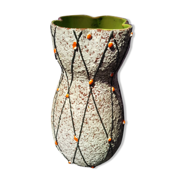 Ancien vase céramique grise décor noir & orange intérieur vert vintage