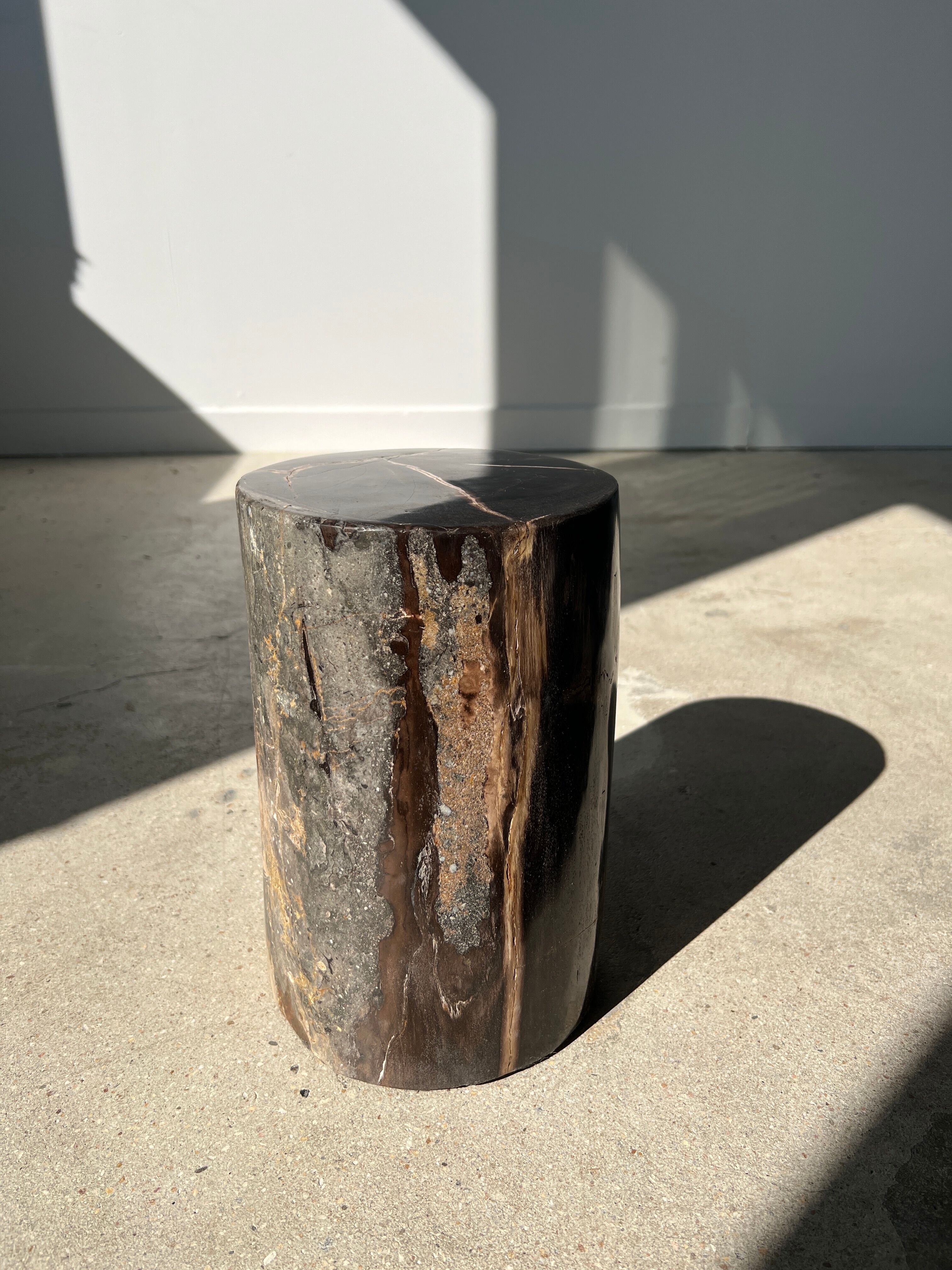Side table in black petrified wood with light streaks h: 27,5cm d:18,5cm