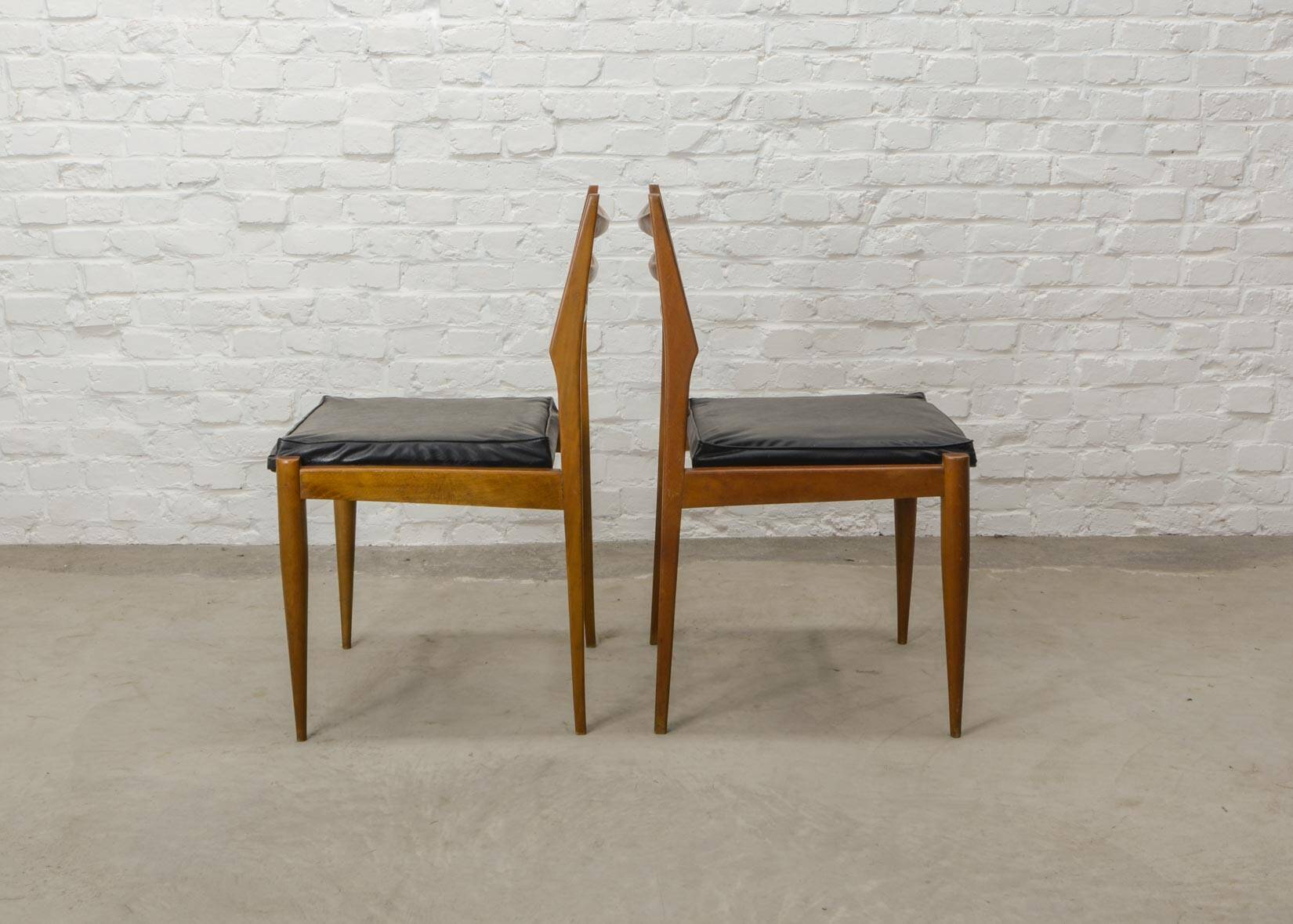 Solid Wood Ladder Dining Chairs with Square Black Leatherette Seating 1960s