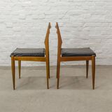 Solid Wood Ladder Dining Chairs with Square Black Leatherette Seating 1960s