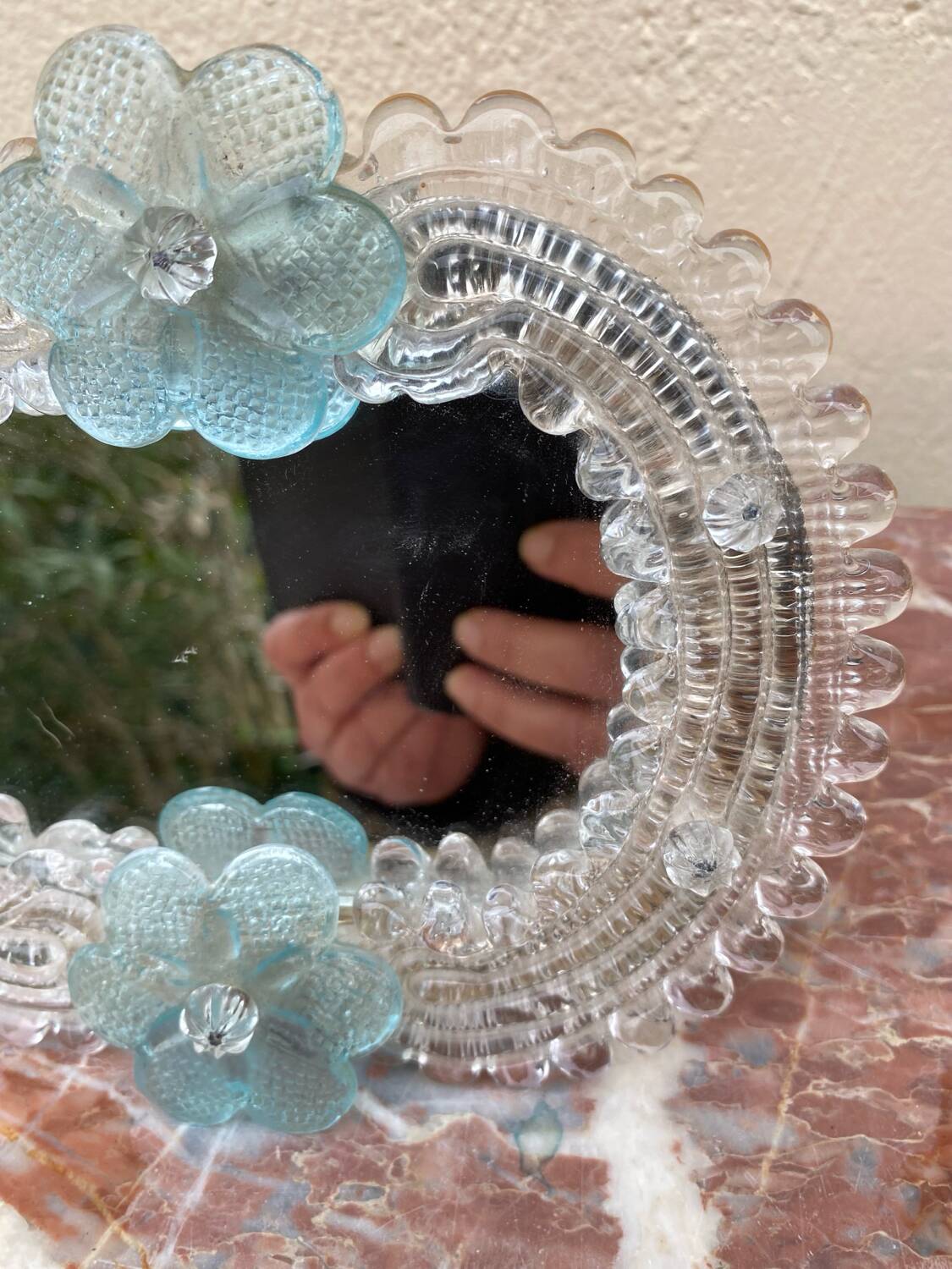 Venetian Murano mirror to stand or hang with blown flower decoration and friezes