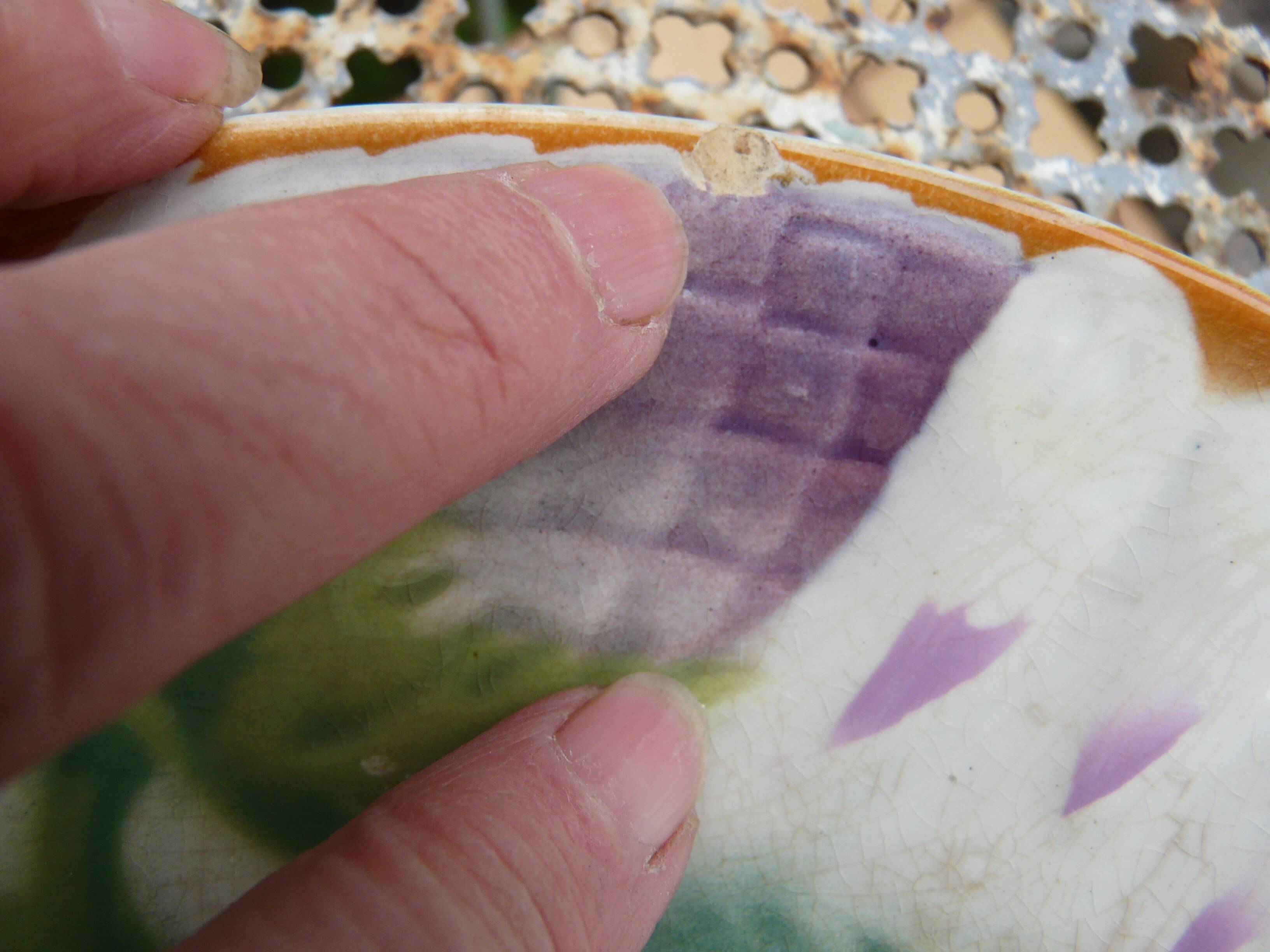 6 Antique plates in Saint Amand slip, ironstone, asparagus