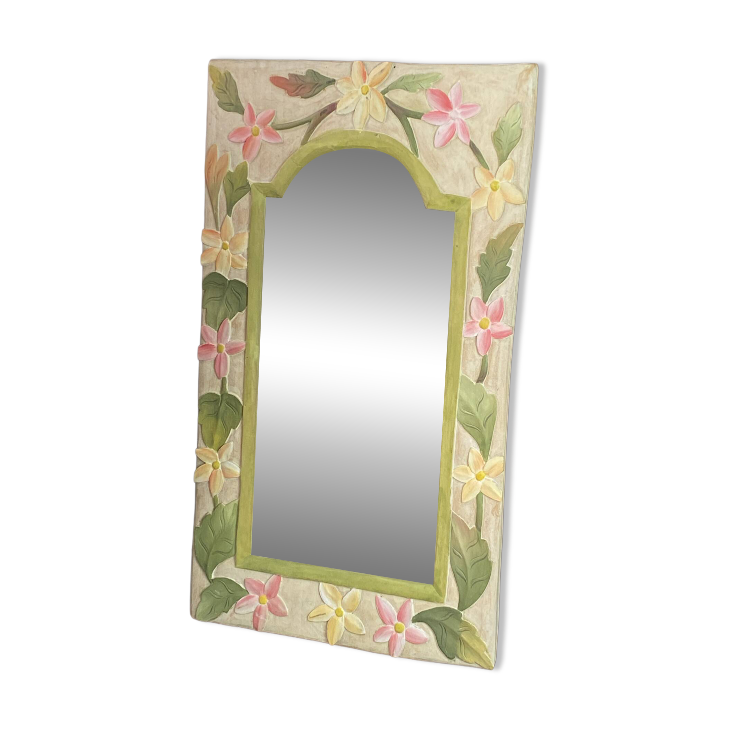 Carved wooden mirror, colourful floral decoration.