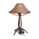 Lampe fer forge ancien abat-jour en verre moule 1920