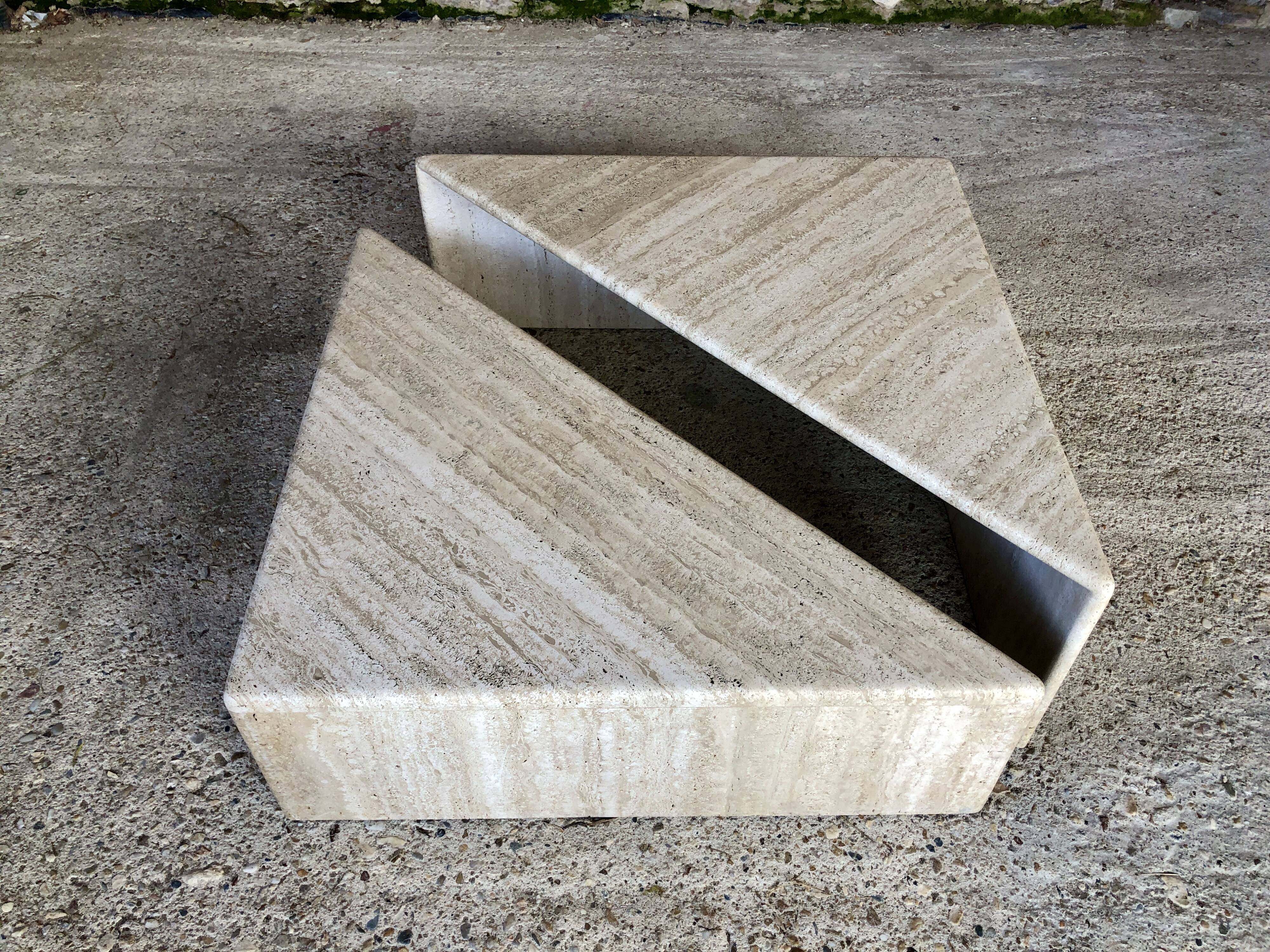 Pair of triangular coffee tables in travertine, Italy circa 70 / 80
