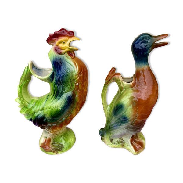 Paire de pichets, brocs en barbotine coq et canard Saint Clément