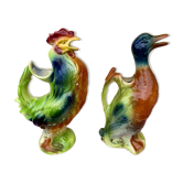 Pair of jugs / pitchers in Saint Clément slipware - vintage rooster and duck