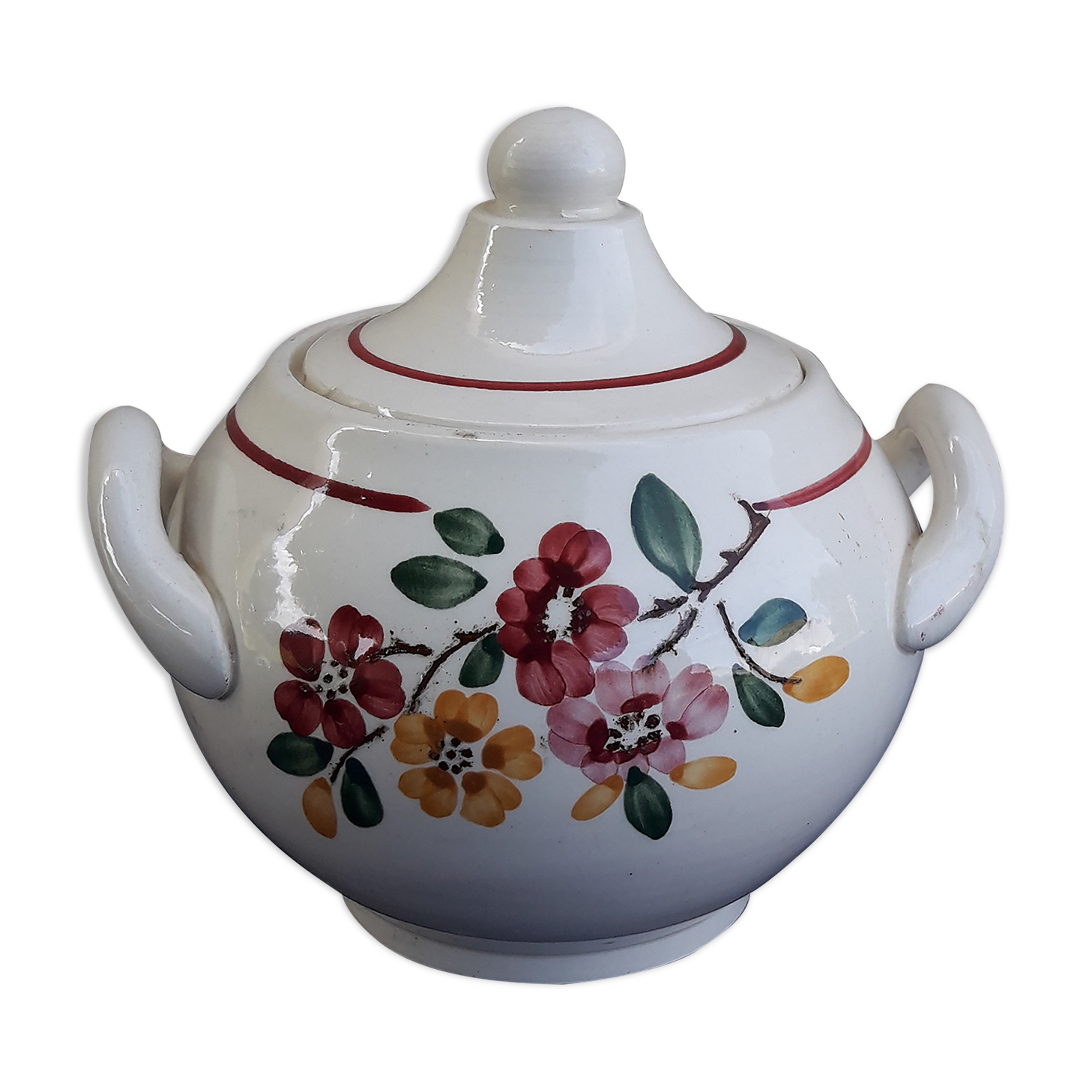 Sugar bowl in earthenware of Sarreguemines flower pattern