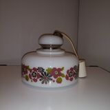 suspension from the 60s in white opaline and green, pink and silver flower patterns