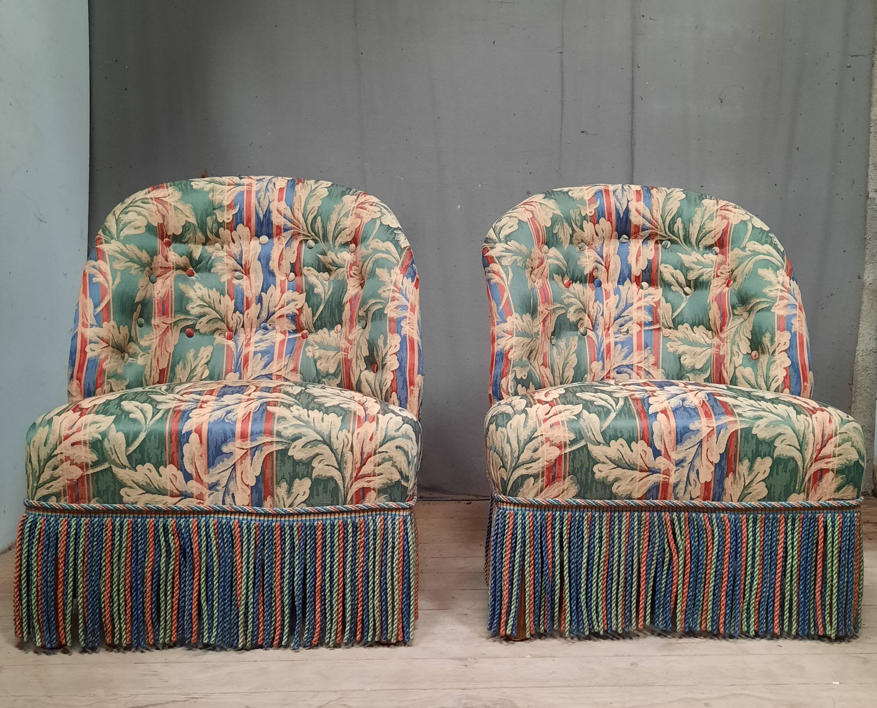 Pair of upholstered toad armchairs