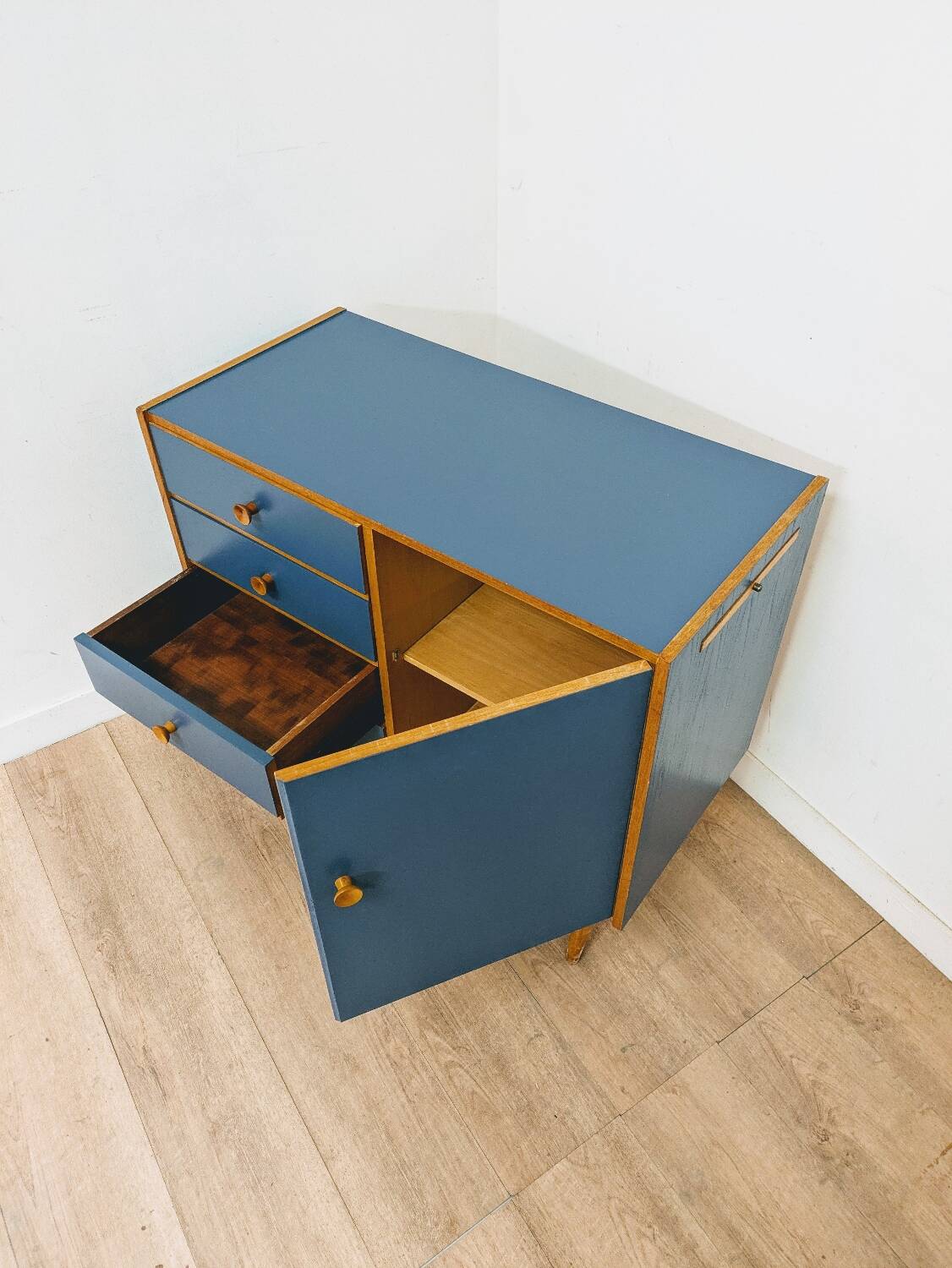 Vintage wooden and blue chest of drawers