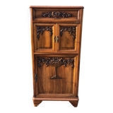 Art Deco sideboard bar cabinet in solid walnut with 3 doors and 1 richly carved tilting false drawer.