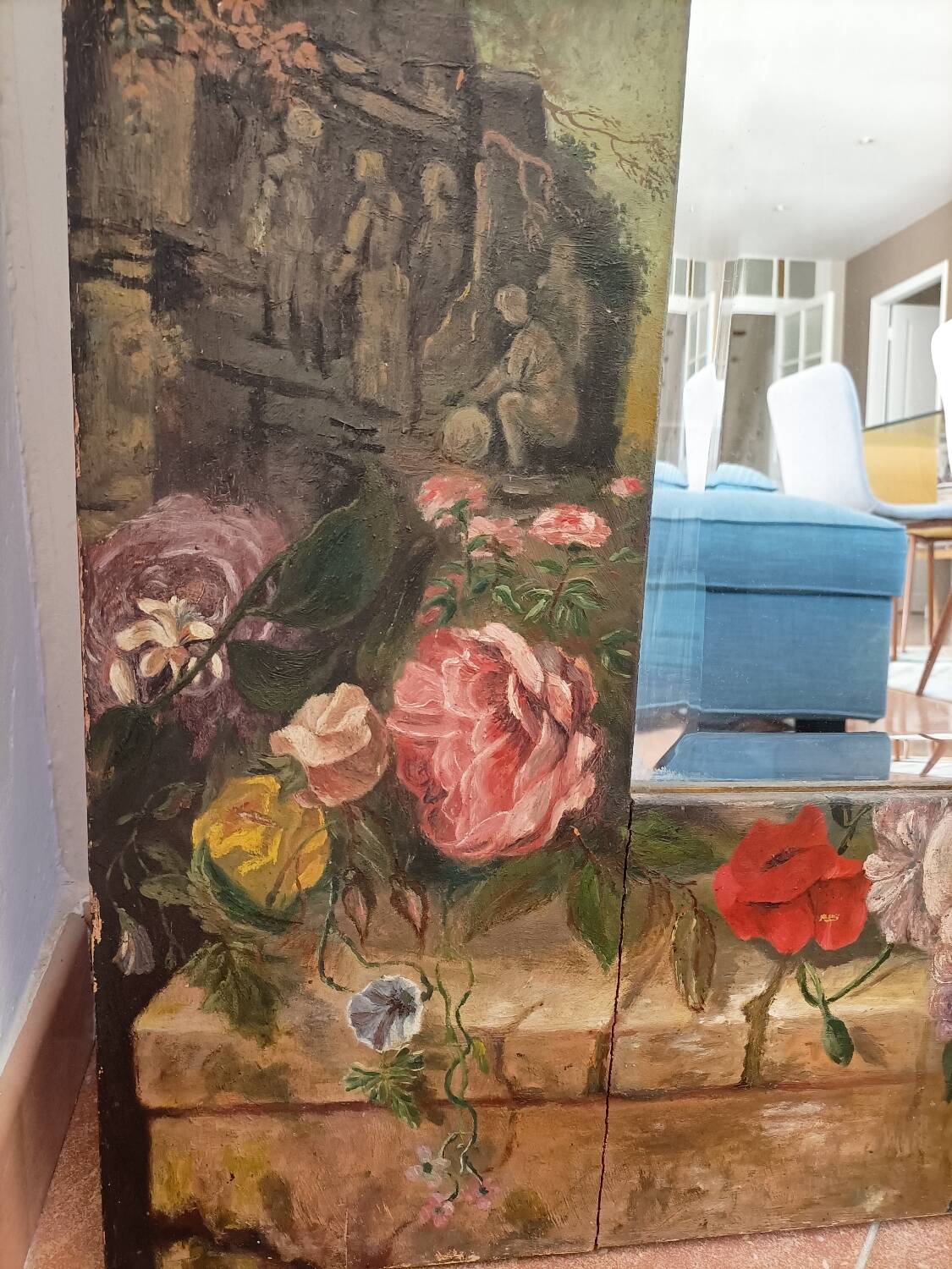 Very large mirror painted in Victorian style.