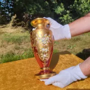 Bohemian Crystal Emerald Red/Rosa Vase with 24K Gold Encrusted Floral Desig