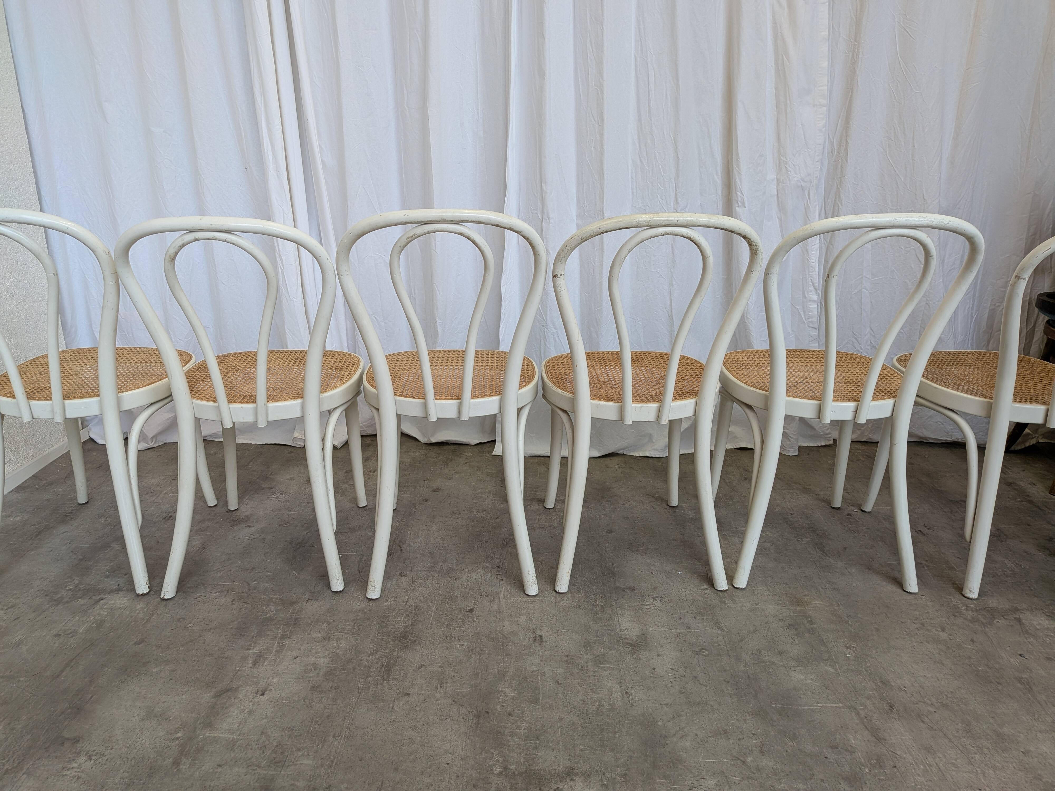 Ensemble de 6 chaises de salle à manger vintage de style Thonet : bois blanc et assise en cannage.