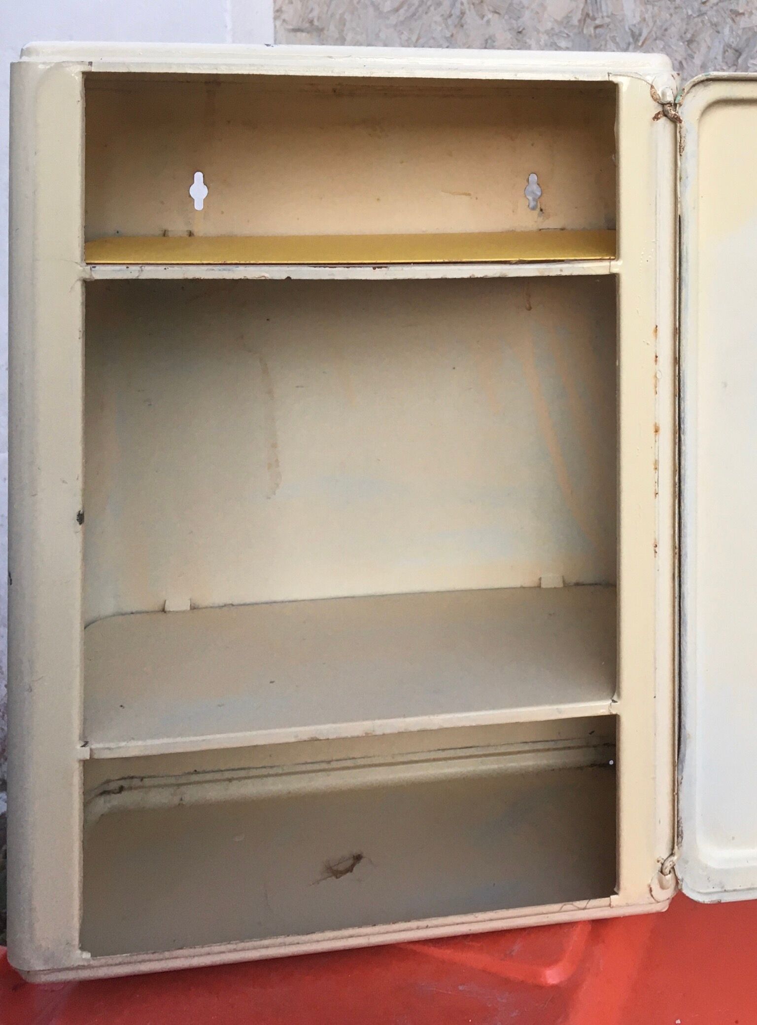 Vintage metal medicine cabinet wall closet in its juice