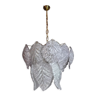 Lustre "Feuilles" 2 niveaux, verre givré,  Murano Mazzega,  italie 1960