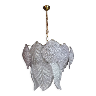 Chandelier "Leaves" 2 levels, frosted glass, Murano Mazzega, italy 1960
