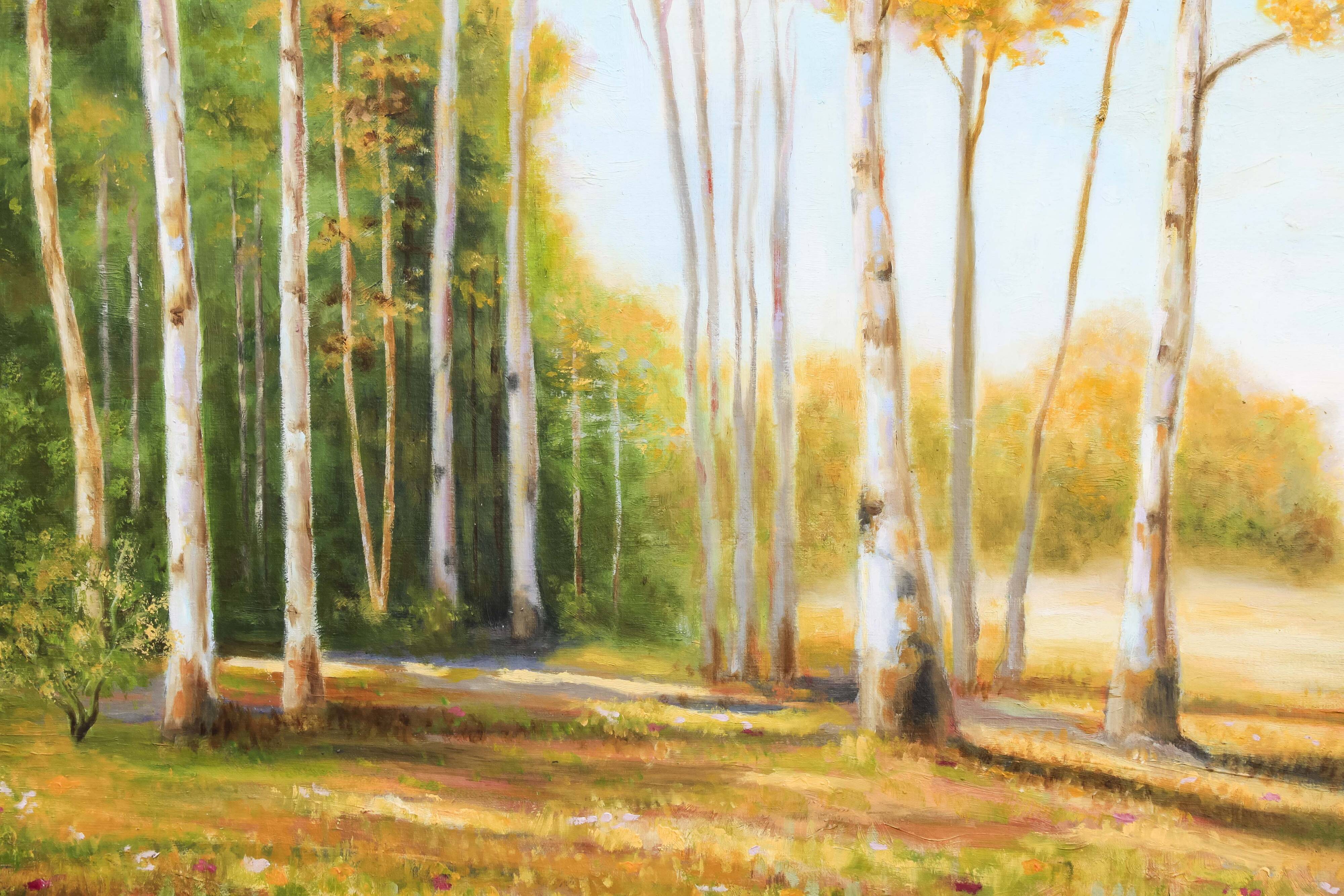 Cuadro con paisaje de álamos pintado al oleo sobre lienzo. Oil painting