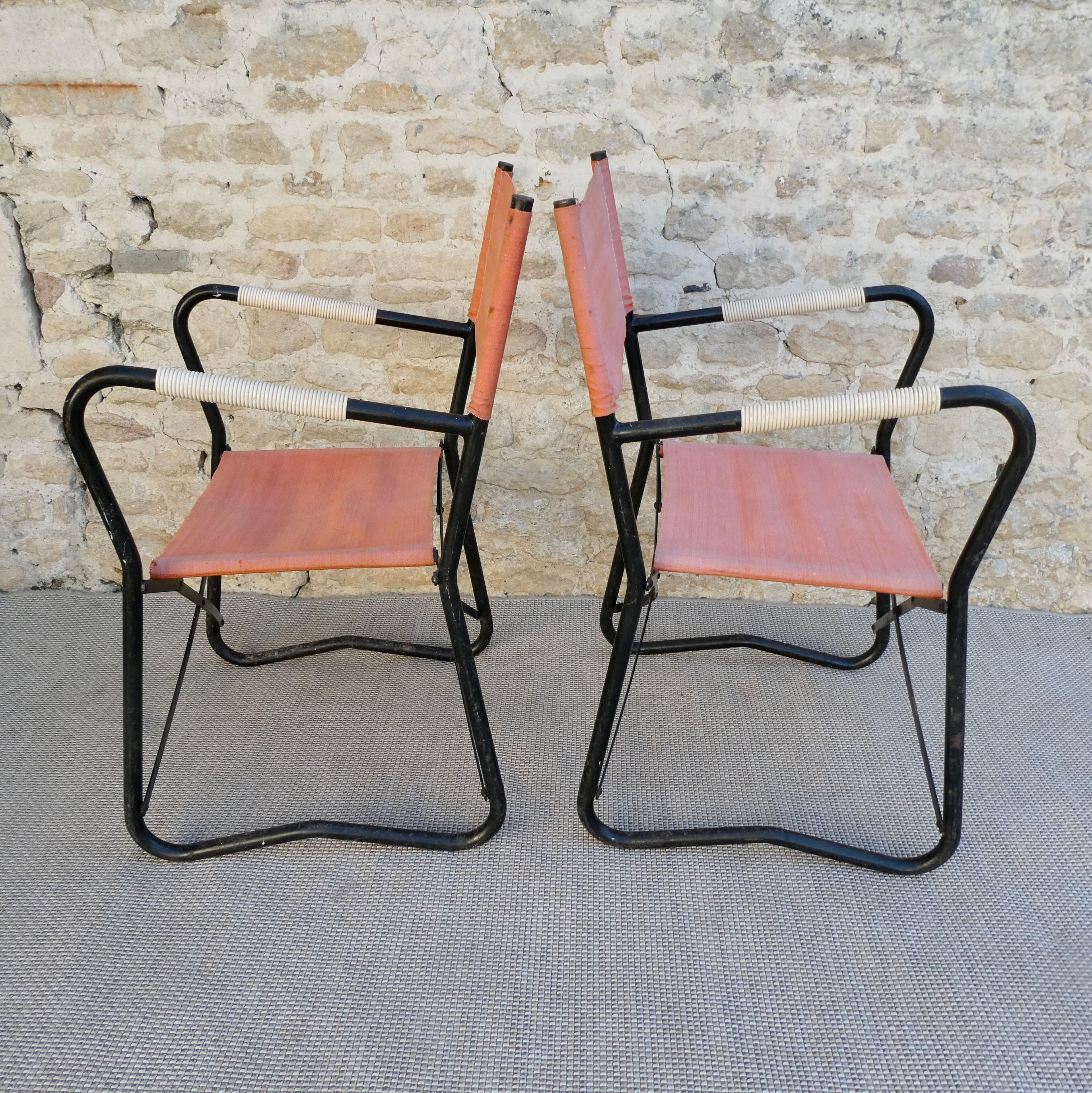 Pair of folding armchairs in metal and fabric 60s