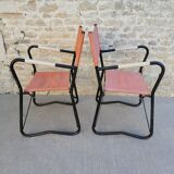 Pair of folding armchairs in metal and fabric 60s