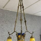 After Muller: Art Nouveau bronze and glass paste chandelier