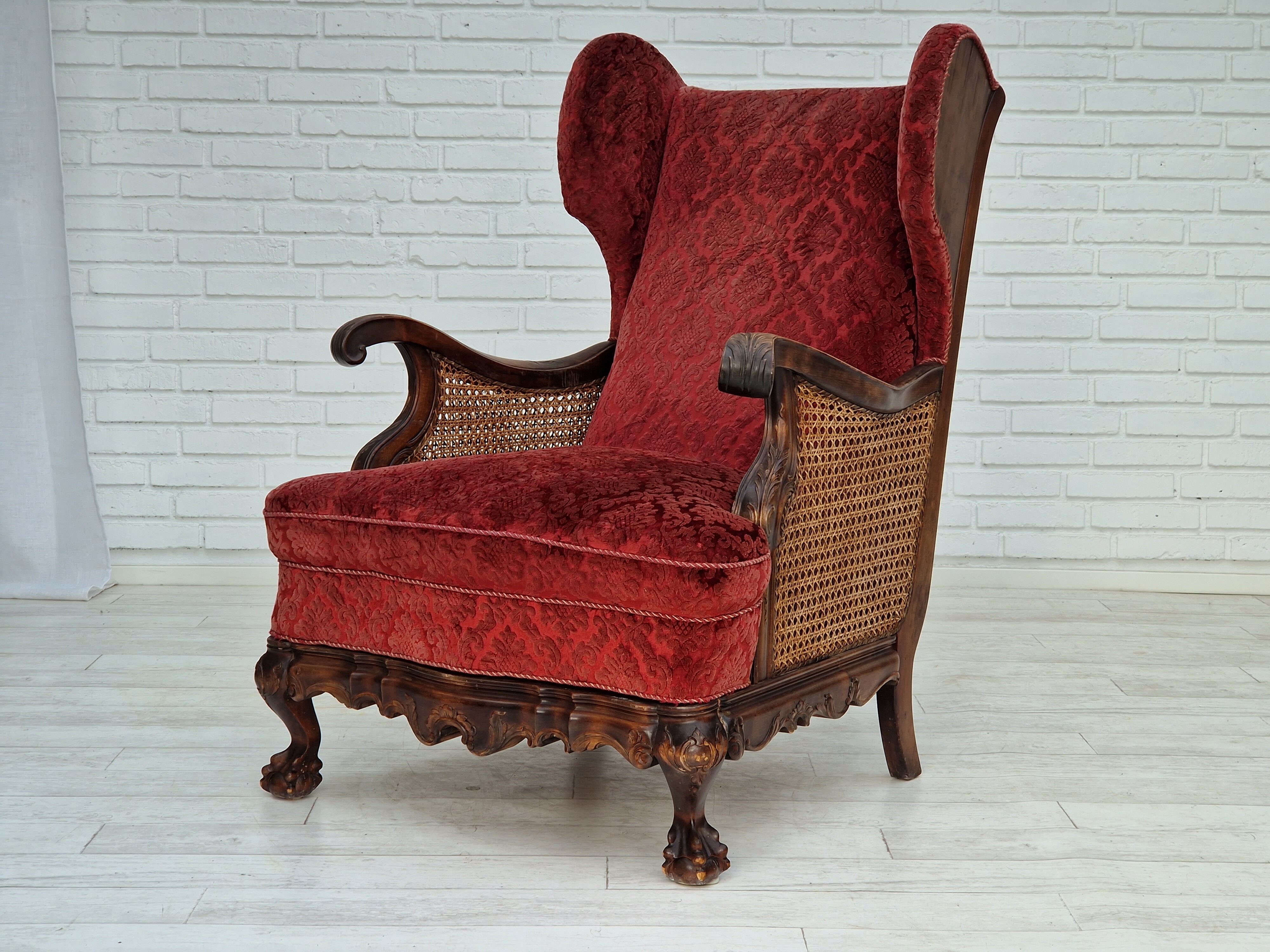 Fauteuil danois en bois de frêne et velour années 1930