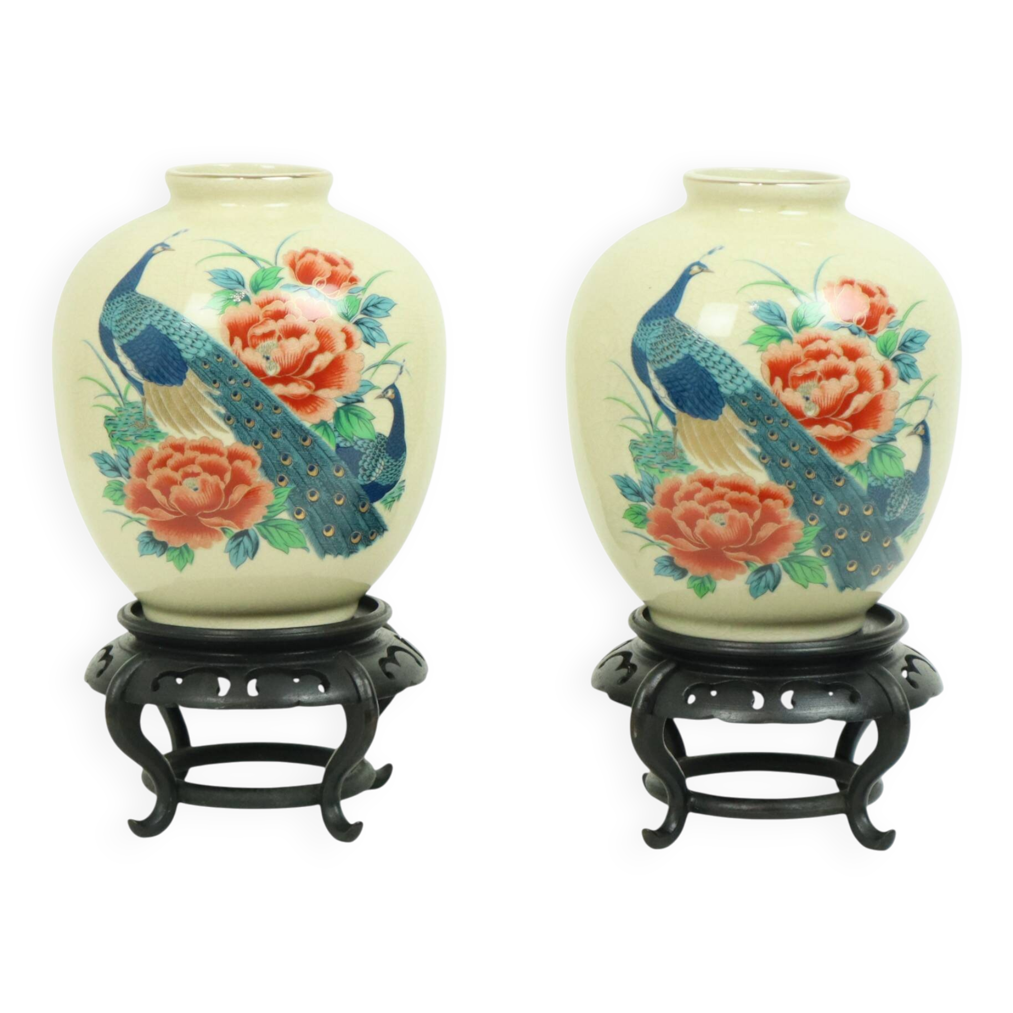 Pair of Japanese Vases Peacocks Flowers Crackle Ceramic 26cm